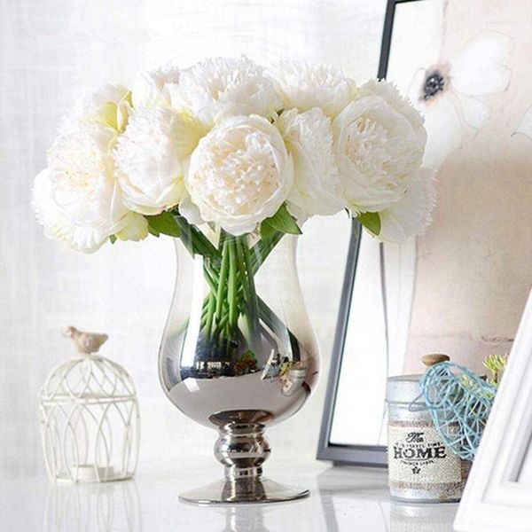 Fleurs décoratives 10 têtes de fleurs artificielles fausse soie pivoine bouquet de mariée fête de mariage de noël maison (blanc)