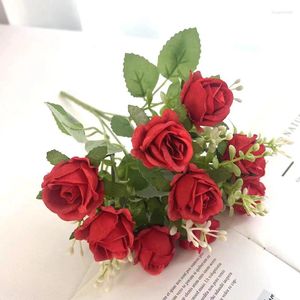 Fleurs décoratives 10 Head Silk Artificial Peony Wedding Home Decoration High Quality Red Rose Rose Bouquet Luxury DIY Fake Flower Arrangement