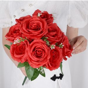 Fleurs décoratives 10 têtes 45 cm soie artificielle rouge Rose Bouquets Simulation faux mariage Bouquet maison salon El décoration