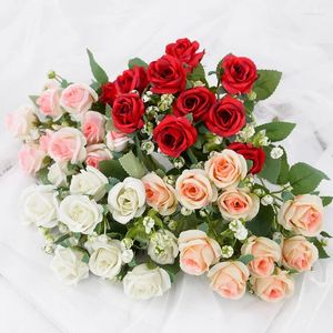 Fleurs décoratives 10 têtes Bouquet artificiel blanc rouge Rose fleur décoration de mariage faux pour fête décor à la maison en plein air