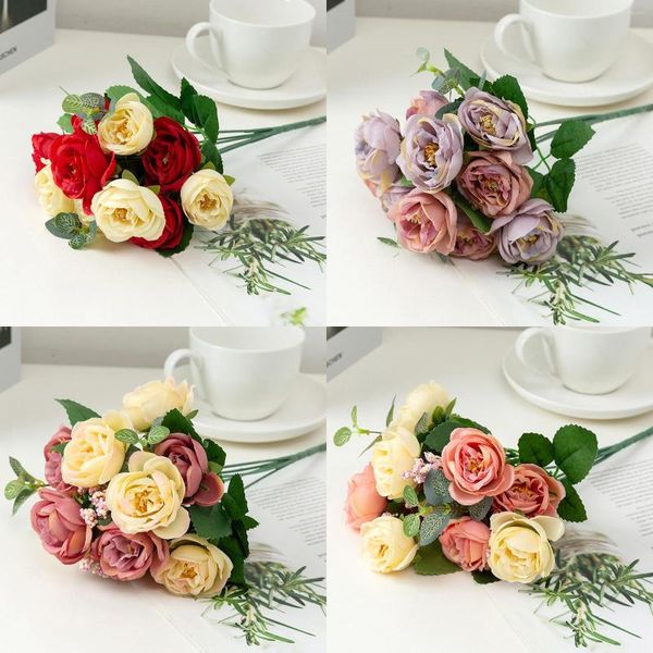 Fleurs décoratives 10 têtes Mini Roses Bouquet Fleur Artificielle Mise En Page De La Scène De Mariage Faux Floral Salon Bureau De Noël Décor À La Maison