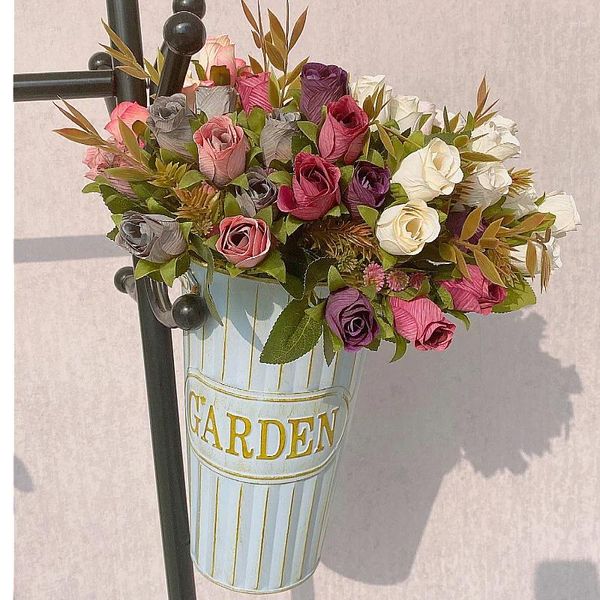 Flores decorativas 10 cabezas de rosas nórdicas, ramo de seda artificial, florero artesanal, decoración del hogar, decoración de boda, mesa central, plantas falsas