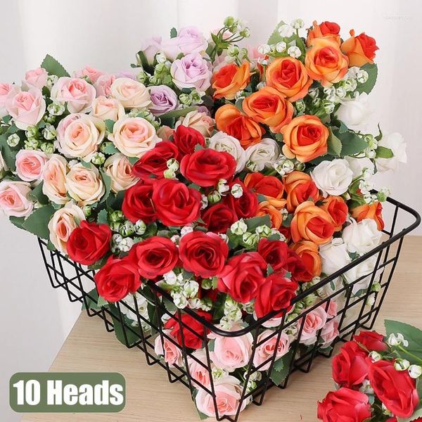 Flores decorativas 10 cabezas Rose Bouquet Artificial Western Wedding Decoration 6 Colors Peonies Fake Valentine's Present