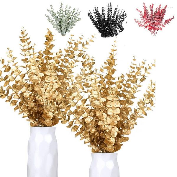 Flores decorativas 10 piezas de flores artificiales hojas de eucalipto dorado tallo de hoja falsa decoración de otoño planta arreglo de boda decoración del hogar