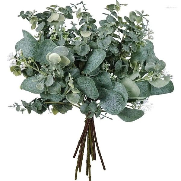 Fleurs décoratives 10 PCS Eucalyptus ovale artificiel Feuilles de tiges et vaporiser pour des bouquets à couronne florale Vase Décoration de verdure de mariage