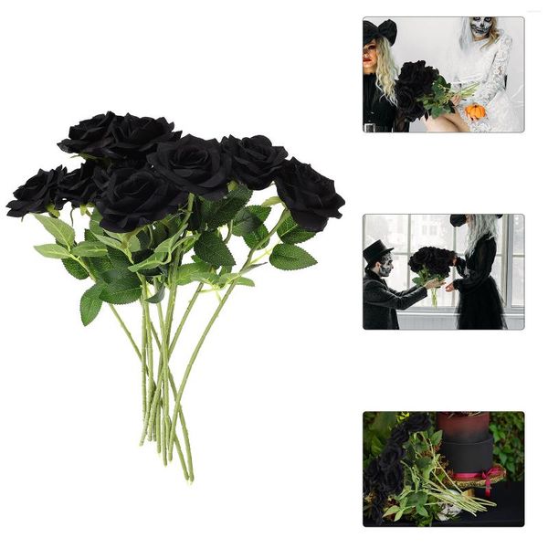 Fleurs décoratives 10 Pcs Roses Noires Halloween Rustique Vase Filler Pick Props Soie Tissu Bouquet Faux Congé Artificiel