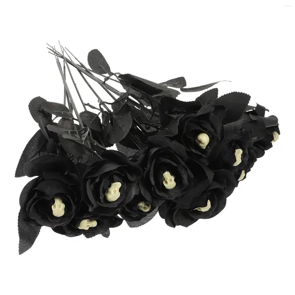 Flores decorativas 10 piezas jarrones negros Rose Prop Halloween rosas falsas decoración espeluznante plástico artificial adorno novia flor