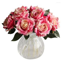 Fleurs décoratives 10 pièces Bouquet Rose soie artificielle avec feuilles mariage décoration de la maison fausse fleur de pivoine