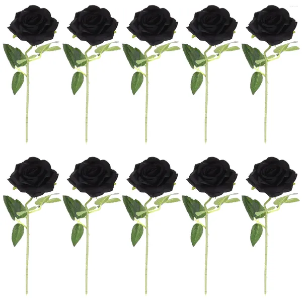 Fleurs décoratives 10 pièces, Simulation de roses noires, faux Bouquet d'halloween, ornement artificiel, décor de plante de mariée en soie