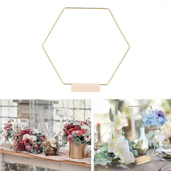 Flores decorativas 10 juegos de aro floral de escritorio, metal dorado hexagonal, anillo de corona de mesa artesanal con base de madera para boda, decoración del hogar, flor