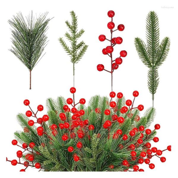Flores decorativas 100 piezas Ramas de agujas de pino artificiales y tallos de bayas rojos Pelocas de vegetación falsas Navidad