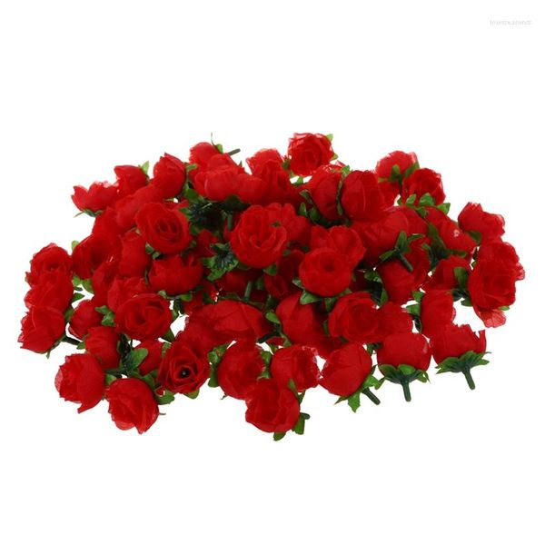 Flores decorativas 100 X Cabeza de flor artificial Rosas Deco Rosetas DIY Banquete de boda Bautismo ROJO