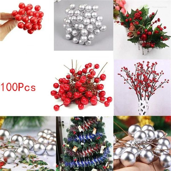 Flores decorativas 100 piezas 1 cm Mini bayas de plástico perla artificial flor estambres cereza fruta falsa para boda DIY caja de regalo decorada Navidad