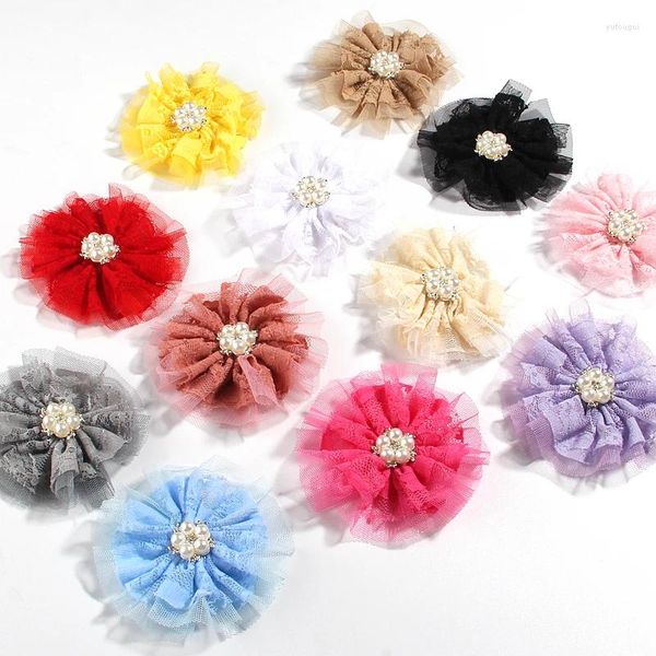 Flores decorativas 100 piezas 9 cm 3,5 pulgadas borde de encaje tela de gasa artificial con perlas cuentas de diamantes de imitación para flores sombreros vestido ropa