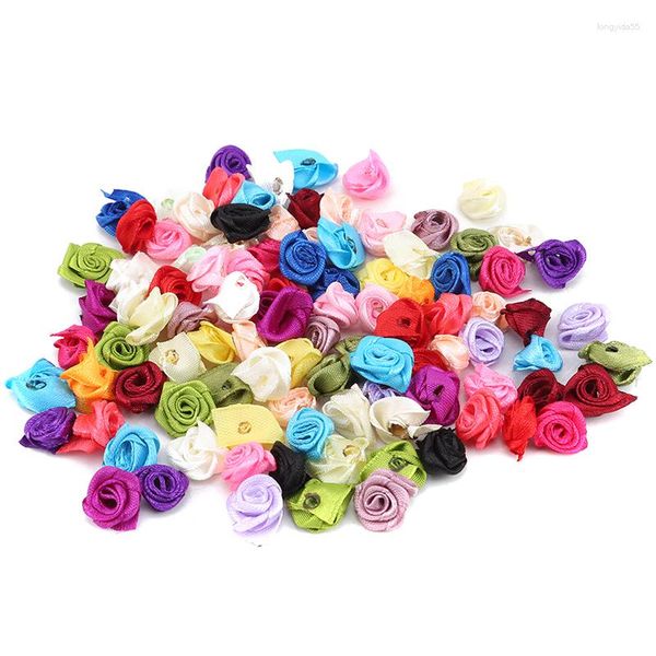 Flores decorativas 100 piezas de color de mezcla de raso cabeza de flor roseta niñas boutique mini lazo para el cabello sombreros bricolaje ropa artesanía decoración de la boda