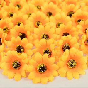 Fleurs décoratives 100 pièces tête de tournesol artificielle jaune Gerbera fleur décoration de mariage bricolage couronne cadeau gâteau boîte décor fête fournitures