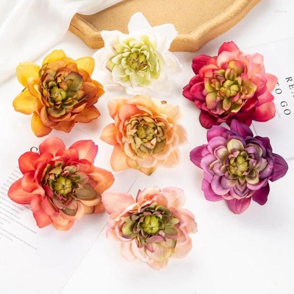 Fleurs décoratives 10 cm 10 pièces artificielles pour scrapbooking faux Dahlia décoration de la maison mariage mariée noël bricolage une casquette boîte à bonbons lotus en soie