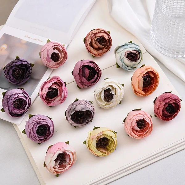 Flores decorativas 10 Uds 4CM rosa de seda cabeza de flor artificial uso falso para fiesta de boda decoración del hogar DIY caja de regalo artesanal