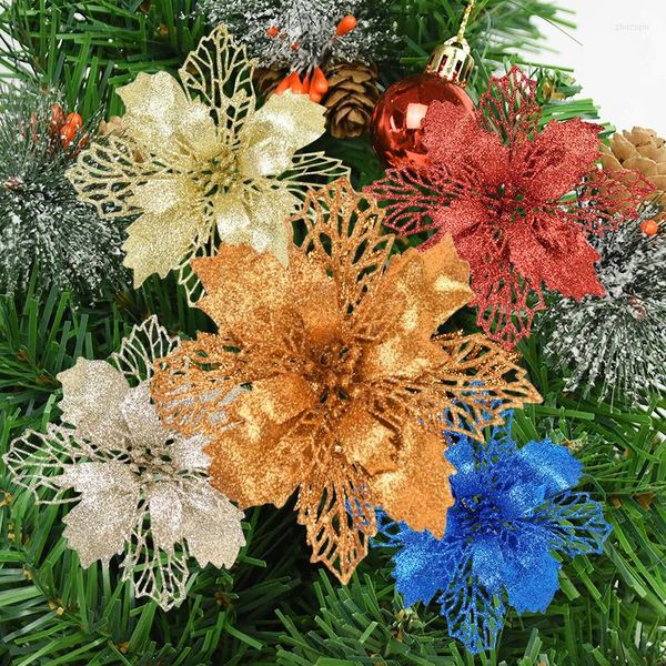 Flores decorativas 10 Unids 9/11/16 cm Brillo de Navidad Poinsettia Artificial Cabeza de flor de seda dorada para la decoración del árbol de Navidad Regalo de Navidad de la boda