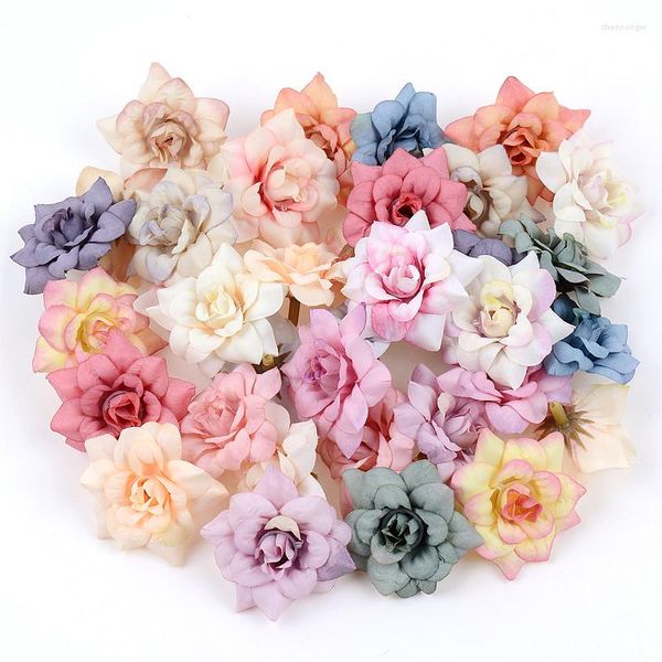 Fleurs décoratives 10 pièces fleur artificielle 4.5 cm tête de rose en soie pour mariage maison année décoration bricolage guirlande Scrapbook boîte-cadeau artisanat