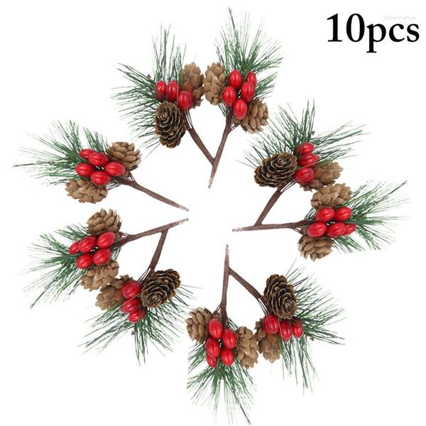 Flores decorativas, 10 Uds., flores artificiales, bayas rojas de Navidad y púas de pino con ramas de acebo para manualidades de decoración Floral navideña