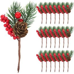 Flores decorativas 10pcs Pinha Artificial Pinha Vermelha Ramos Decorações de Natal Hastes de Bagas de Natal