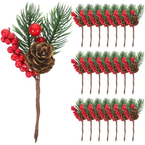 Flores decorativas 10 Uds. Cono de pino artificial ramas de bayas rojas decoraciones navideñas tallos de bayas de Navidad