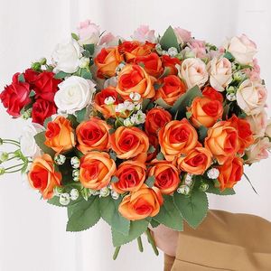Fleurs décoratives 10pcs Rose artificielle 10 têtes Bouquet Long Bouquet réaliste Fake Roses pour la Saint-Valentin