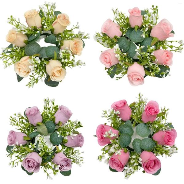 Flores decorativas 10 Uds. Portavelas de rosas artificiales anillo de flores decoración de mesa de boda para fiesta en casa