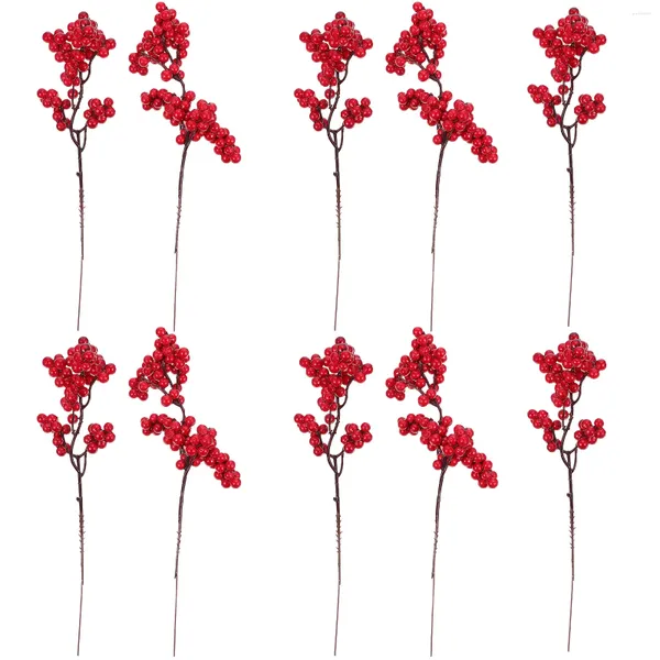 Flores decorativas 10 piezas Glitter de Navidad Tallos de bayas rojas con ramas Borgoña artificial para flores secas de algodón