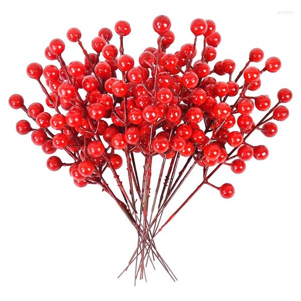 Flores decorativas, 10 Uds., ramas de bayas rojas de Navidad, decoraciones de estambre de cerezo, guirnalda DIY, guirnalda de espuma Artificial