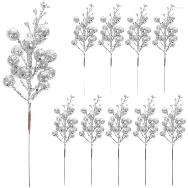 Fleurs décoratives 10 pièces Simulation de noël flocon de neige baies tiges artificielles paillettes fausse branche pour décoration de couronne d'arbre