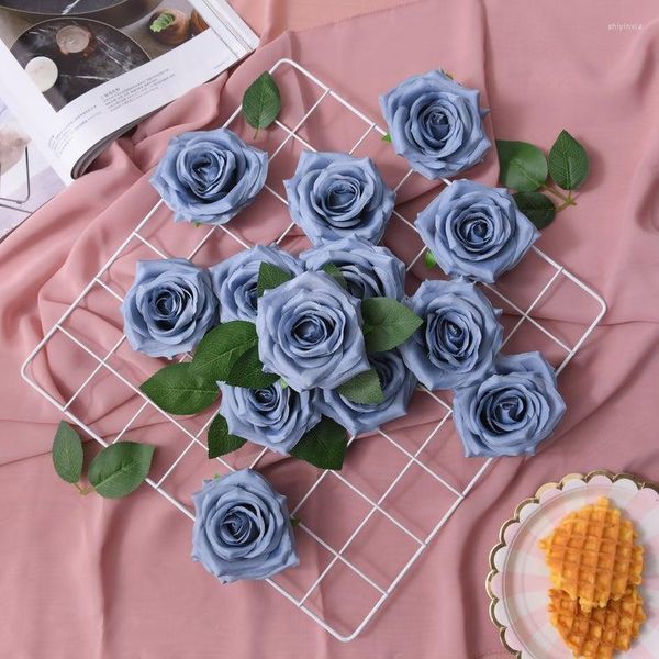 Fleurs décoratives 10 pièces bleu poussiéreux Rose artificielle haute qualité fleur en soie pour bricolage Bouquets de mariage décor de fête à la maison