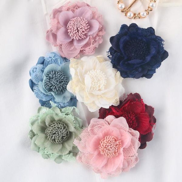 Flores decorativas 10 Uds. Parches de flores punto a mano en apliques para ropa bordada DIY motivo rayas pinzas para el pelo lazo