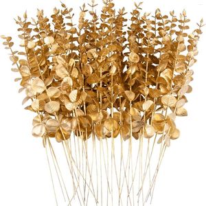 Fleurs décoratives 10pcs Golden Eucalyptus tiges artificielles Feuilles artificielles Branches pour la pièce maîtresse de mariage Arrangement floral de fleur décor