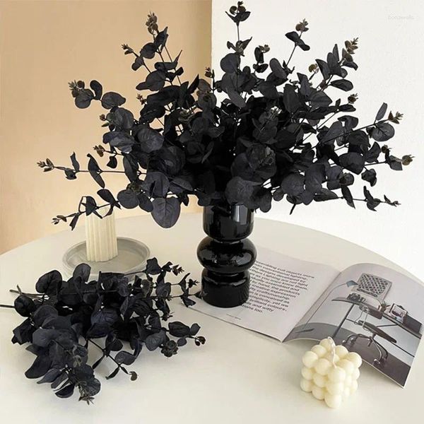 Fleurs décoratives 10 pièces décor d'halloween 4 fourchettes feuilles d'eucalyptus noires plantes artificielles fête de mariage vacances maison arrangement floral