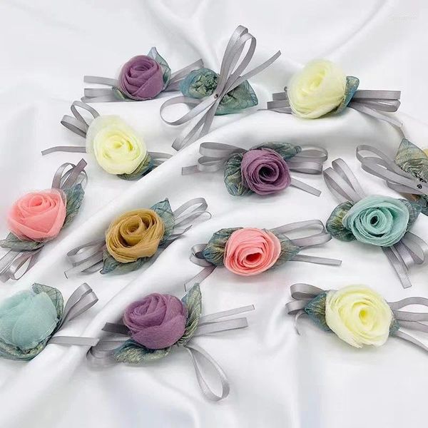 Flores decorativas 10 piezas de tela de organza de gasa hecha a mano, rosa artificial falsa con hoja, vestido de novia, ropa, accesorios para niñas, decoración