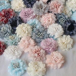 Decoratieve bloemen 10 stks/lot 3cm mix kleuren kleine kanten stof kunstmatig voor haarband haarclip diy jurk schoenen kleding decoratie