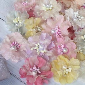 Fleurs décoratives 10 pièces/lot 7CM 3D en mousseline de soie Organza, fausse tête de fleur artificielle pour robe de mariée, chapeaux, bandeau, broche, bricolage pour la maison