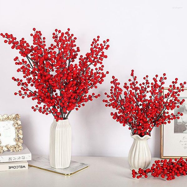 Fleurs décoratives 10 pièces/lot, tiges de baies rouges de noël, ornement, fausse branche de pin de neige, cône de baies de houx, fournitures de décoration d'arbre de noël pour la maison