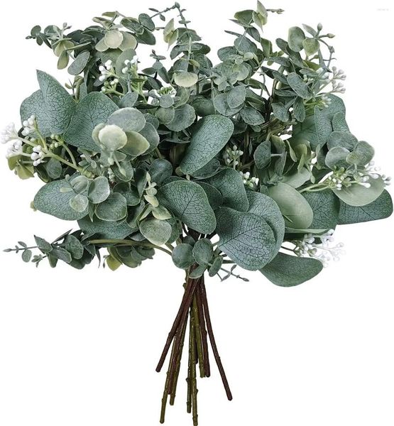 Fleurs décoratives 10 pcs mixtes artificiels ovales eucalyptus ovales feuilles tiges et pulvérisation pour les bouquets de couronne florale en vase décoration de verdure de mariage