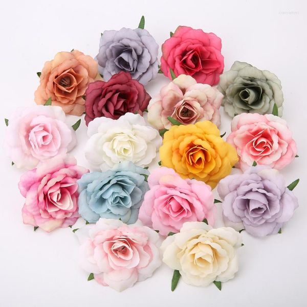 Fleurs décoratives 10pcs roses roses têtes de soie artificielles pour mariage maison gâteau fête d'anniversaire décoration faux album couronne accessoires