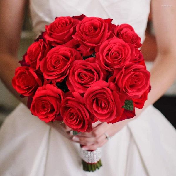 Flores decorativas, 10 Uds., rosa artificial roja, flor realista, ramo de tallo largo, arreglo para boda, despedida de soltera, decoración de fiesta