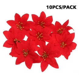 Fleurs décoratives 10 pièces rouge noël soie artificielle paillettes Poinsettia fleur 14cm noël joyeux maison fête bricolage décoration