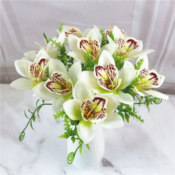 Fleurs décoratives 10pcs / ensemble Orchidées artificielles Flores Silk Fake Flower Wedding Arrangement Simulation Ornements Vase ACCESSOIRES VASE