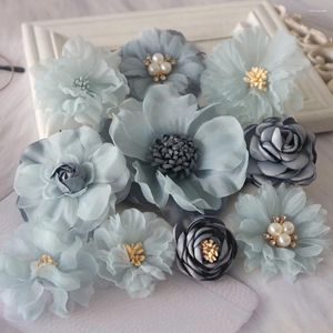 Flores decorativas 10pcs set de la serie azul mezcla 10 estilos de la tela orgullza tela rosa del vestido del vestido de novia falsos