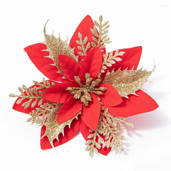 Flores decorativas 10 piezas/conjunto de flores artificiales de la navidad hojas de hojas de color de color plateado dorado de color rojo decoración de coronas de árboles de Navidad falso