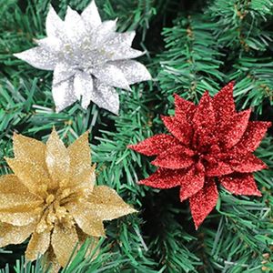 Decoratieve bloemen 10 stks / set kerstboom nep poinsettia plastic sprankelende kunstbloem herbruikbare dubbele laag