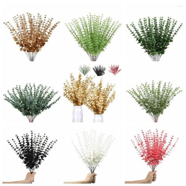 Flores decorativas 10 unids/set hoja artificial de eucalipto simulación de uso fácil no se descolora plantas falsas fiesta de plástico