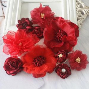Fleurs décoratives 10 pièces ensemble série rouge mélange 10 styles en mousseline de soie organza tissu rose robe de mariée filles vêtements chapeaux décoration